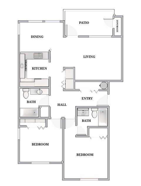 Floor plan for 2 beds, 2 baths, 957 sqft
